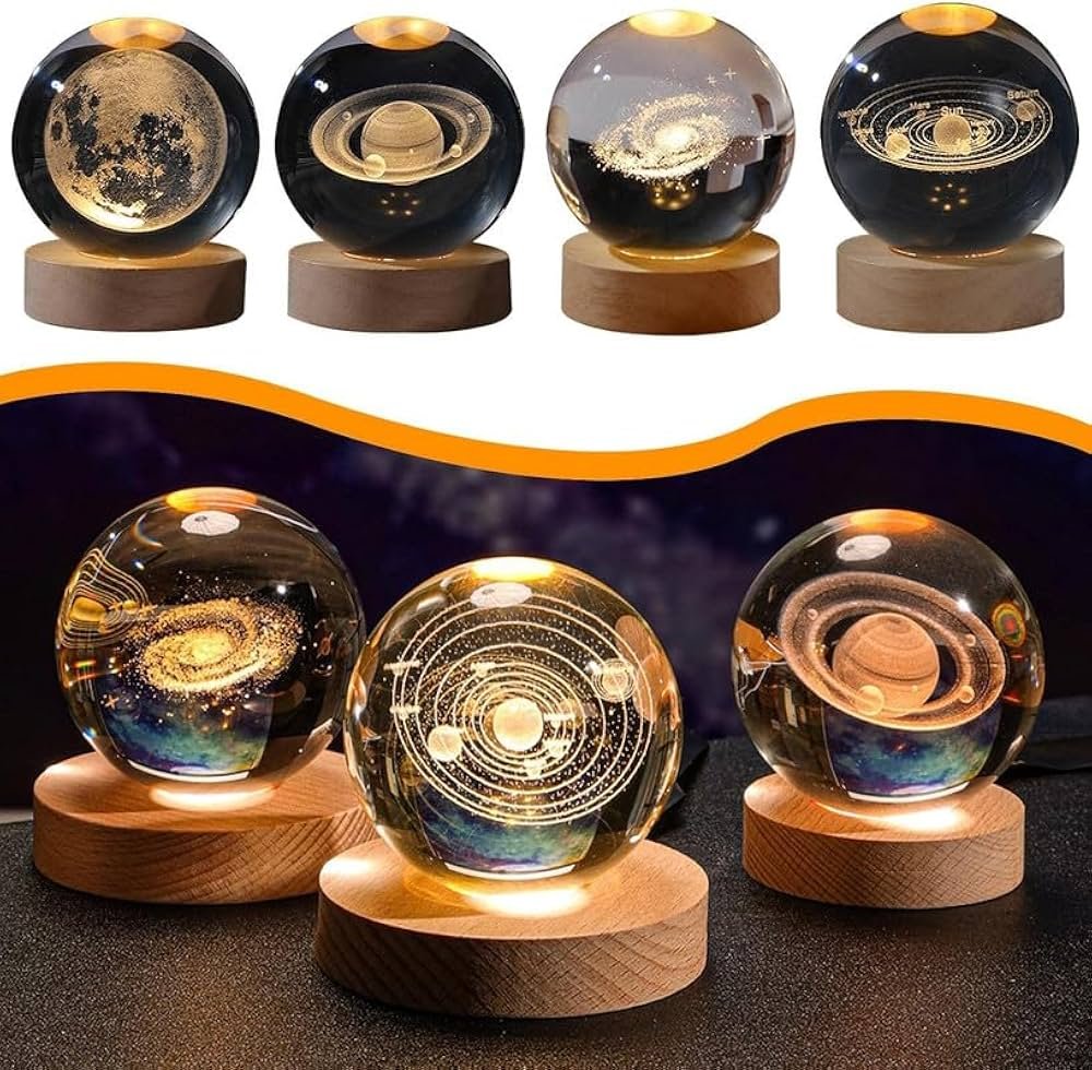 3D Galaxy Crystal Ball Night Lamp, USB Table Colorful LED Wooden Crystal Ball